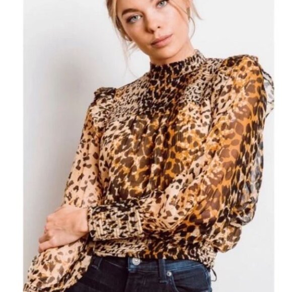 Free People Roma Cheetah Leopard Print Top Smocked Mock Neck Sheer Western Boho - Picture 2 of 14